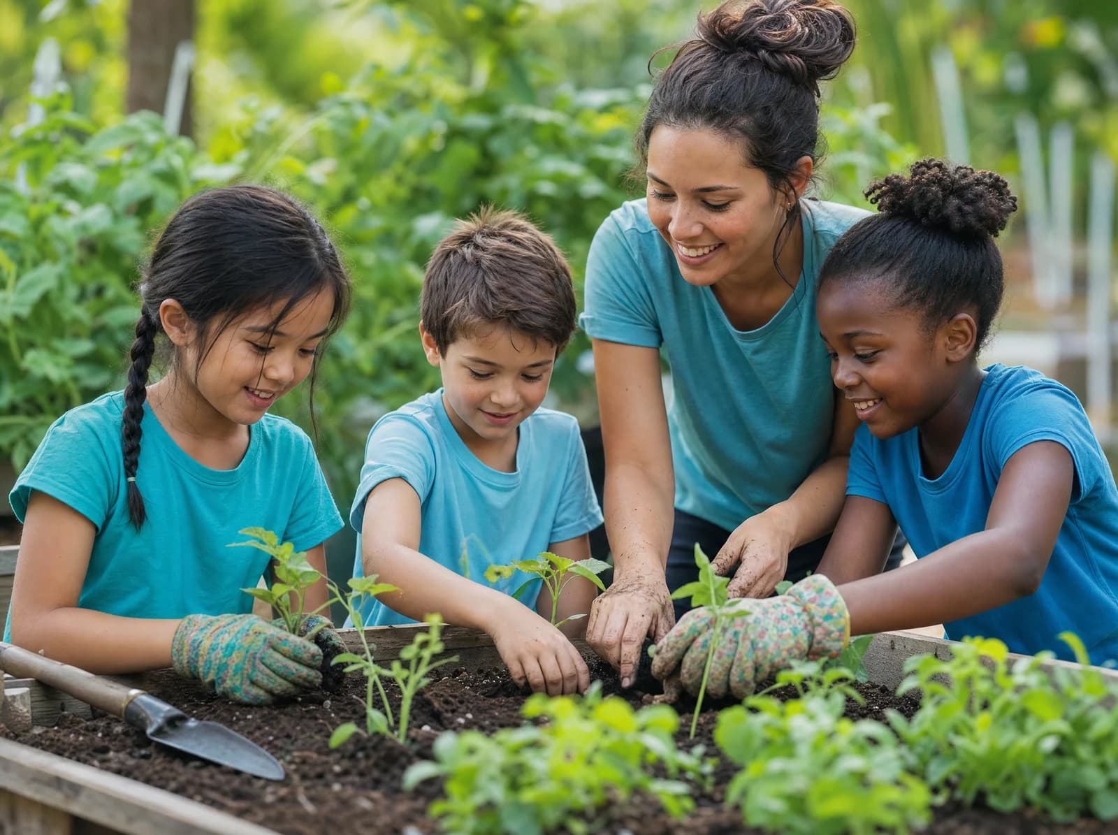 Children planting seedlings in a community garden, their hands in the soil.